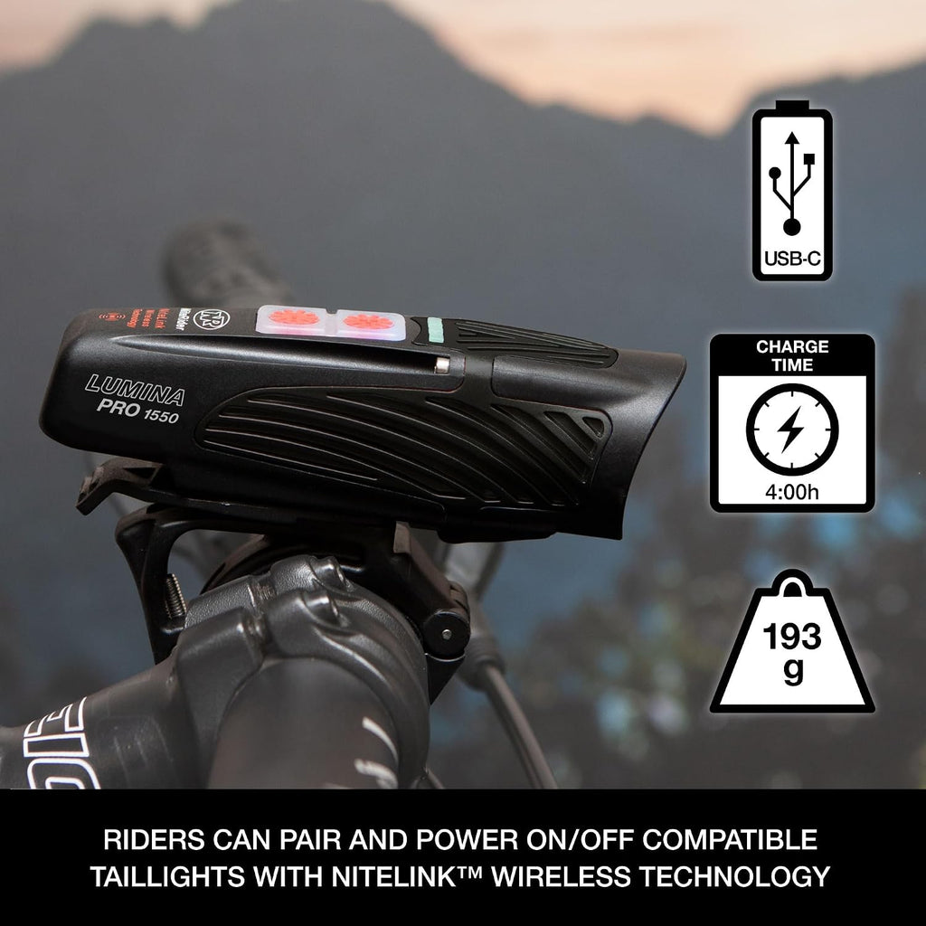 NiteRider Lumina Pro 1550 NiteLink USB-C Rechargeable Bike Light Powerful 8 Modes Fuel Gauge IP64 Waterproof Bicycle Headlight LED Front Light Easy to Install Cycling Safety MTB Road Commuter EBike