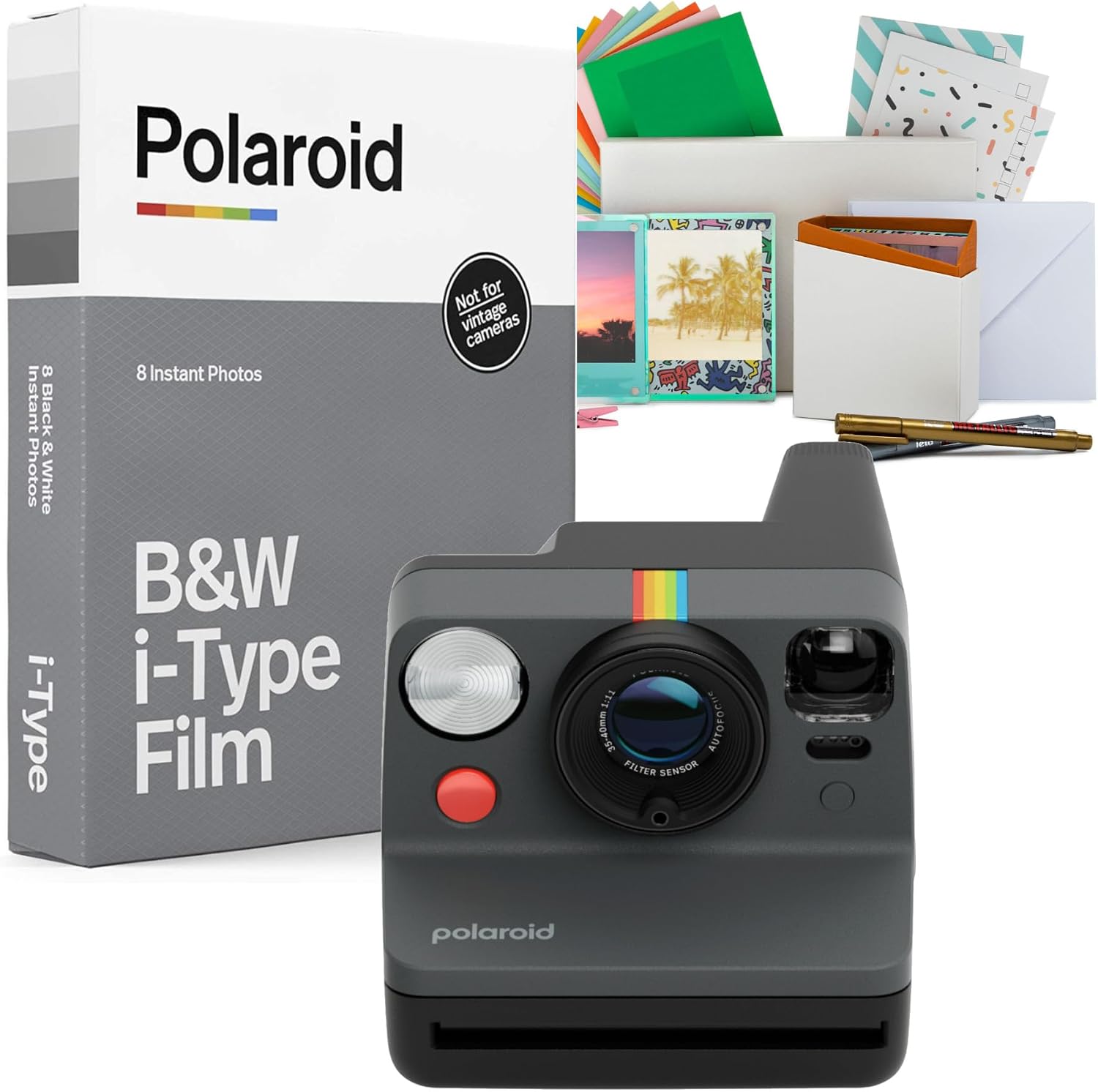 Polaroid Now Generation 3 Instant Camera with Built-in Tripod Mount and Two-Lens Autofocus System (Black) Bundle with Film Kit and B and W Film for i-Type Cameras (3 Items)