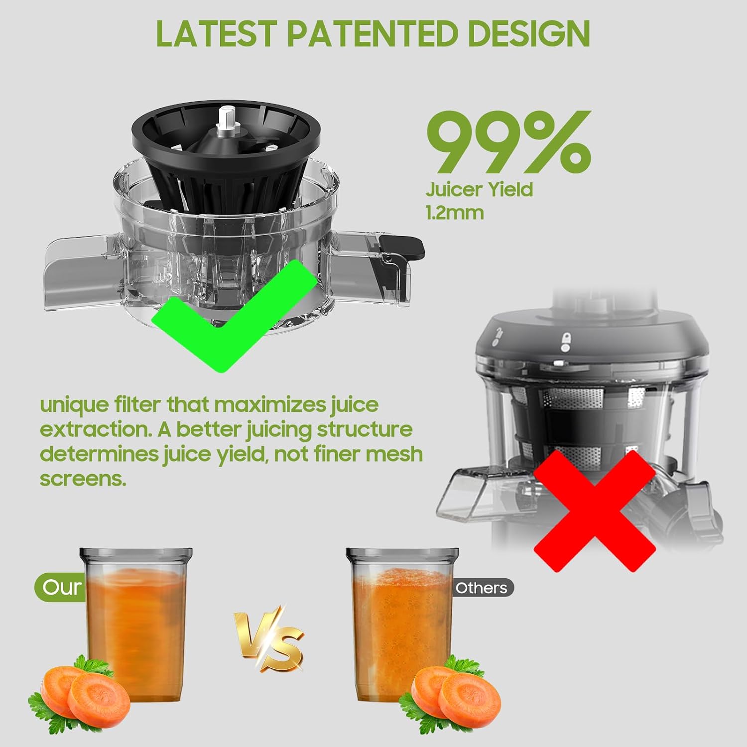 BPA Free Cold Press Juicer, Slow Juicer Machine Easy to Clean, Self-Feeding Masticating Juicer with Large Feed Chute for Whole Fruits and Vegetables, High Juice Yield, Gray
