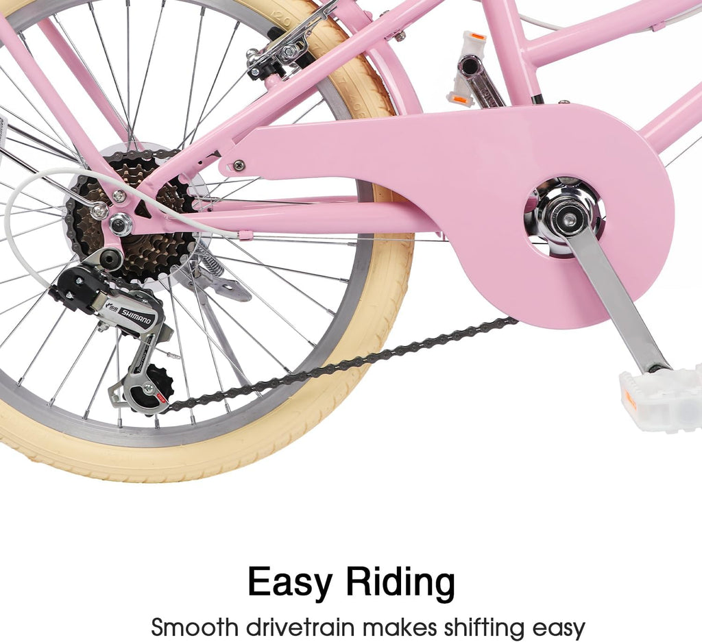 Glerc 20 24 26 Inch Beach Cruiser Bike, 6-Speed Hybrid City Bicycle for Girls Youth and Over 6 Years Old, Missy Bike with Wicker Basket & Lightweight, Multiple Colors