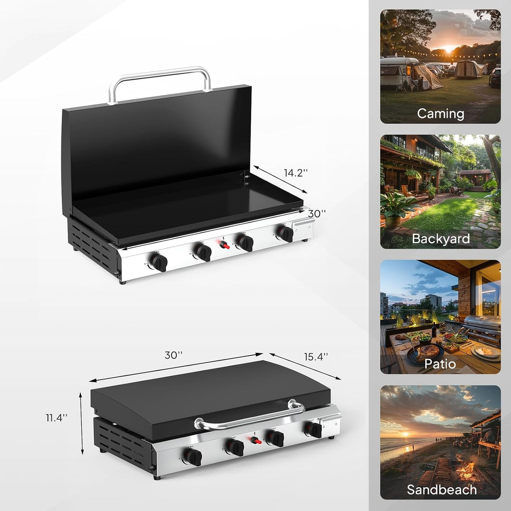 Bonnlo 4 Burner Portable Propane Griddle with Lid, 40000BTU Tabletop Flat Gas Grill with Ignition and Oil Collector, Camping Griddle for Outdoor Cooking Patio Backyard Sandbeach BBQ Party