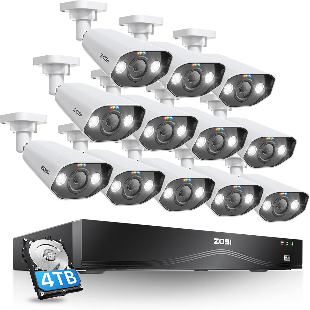 ZOSI 16CH 4K PoE Security Camera System with 2-Way Audio, 12pcs 8MP Outdoor Indoor Metal IP Cameras, AI Person Vehicle Detection, Color Night Vision, 16Port 32CH NVR with 4TB HDD for 24/7 Recording