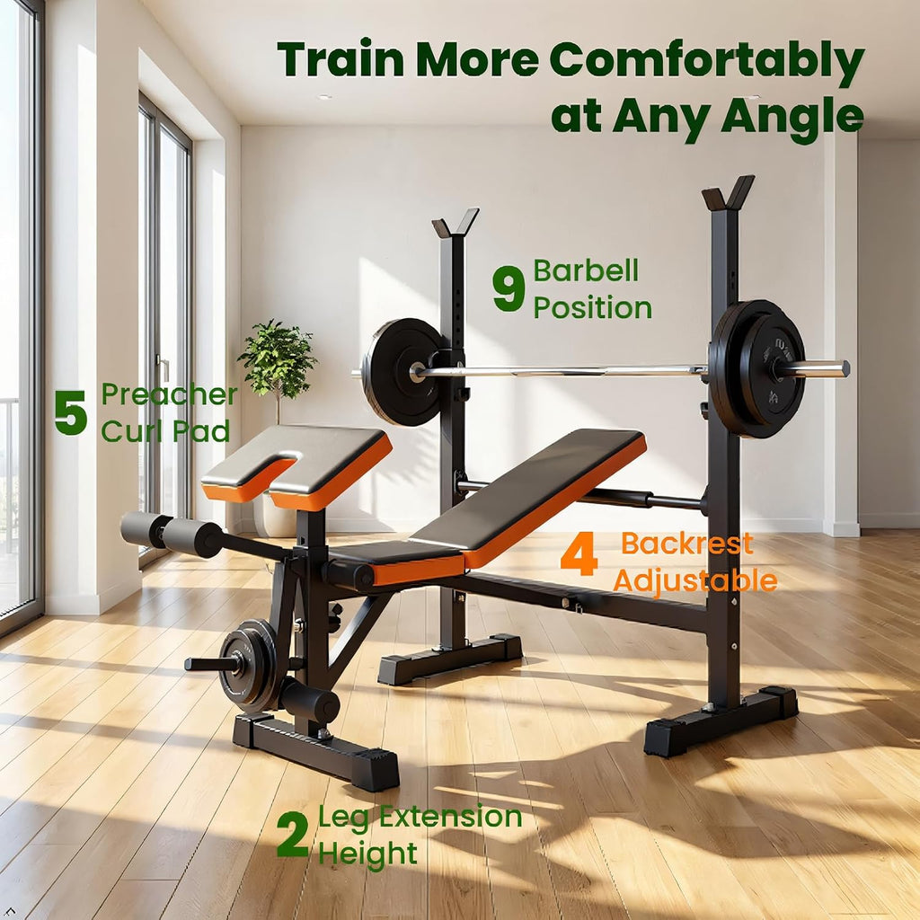 Yoleo Weight Bench with Rack - Bench Press Set, Leg Extension, Preacher Curl & Flat/Incline/Decline Full Body Workout Bench, Adjustable Olympic Weight Benches for Home Gym(47.44IN WIDE GRIP)