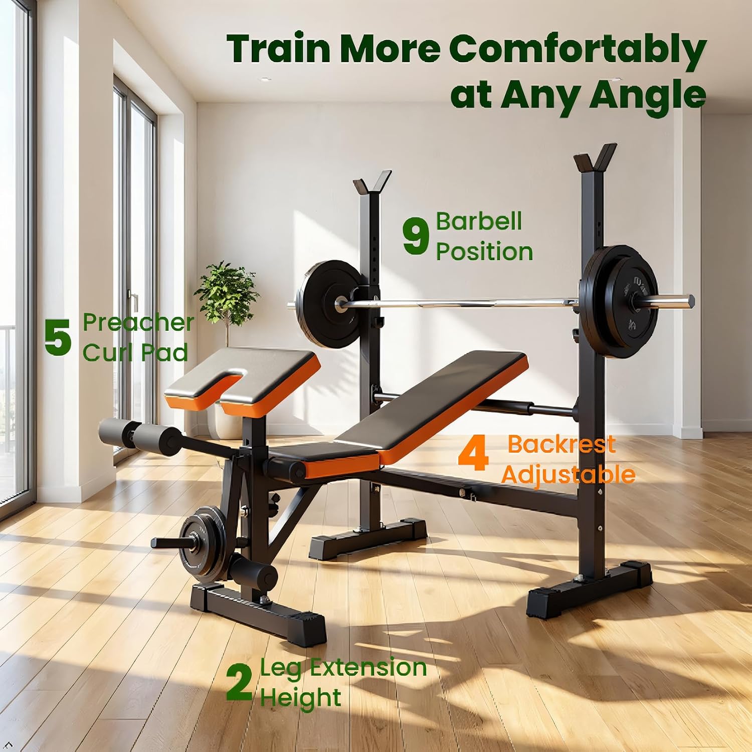 Yoleo Weight Bench with Rack - Bench Press Set, Leg Extension, Preacher Curl & Flat/Incline/Decline Full Body Workout Bench, Adjustable Olympic Weight Benches for Home Gym(47.44IN WIDE GRIP)