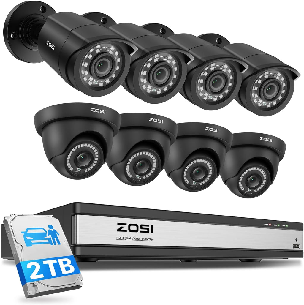 ZOSI 16CH 3K Lite Home Security Camera System,AI Human/Vehicle Detection,Night Vision,Remote Access,8pcs 1080p Outdoor Surveillance Cameras,16 Channel 1080P CCTV DVR with 2TB HDD for 24/7 Recording