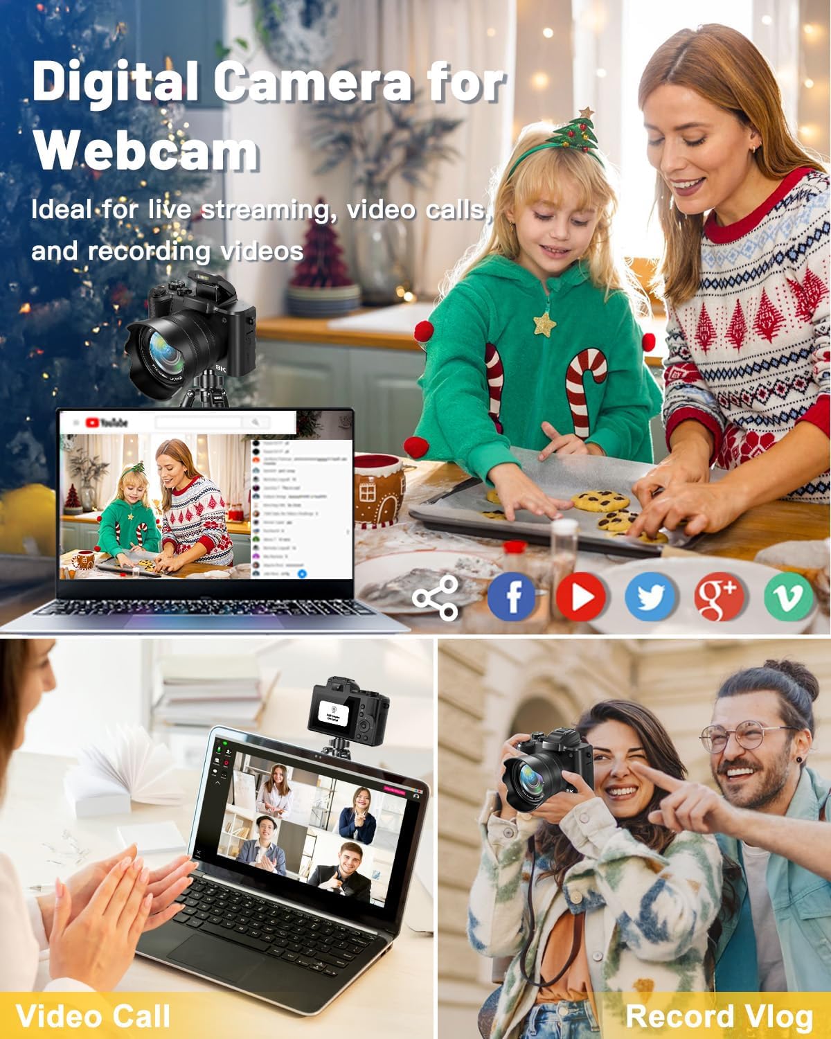 8K Digital Cameras for Photography, 88MP WiFi Vlogging Camera for YouTube Autofocus with 3.2' Touch Screen,Dual Camera,Flash,16X Digital Zoom Travel Cameras Anti Shake with 64GB Card,2 Batteries