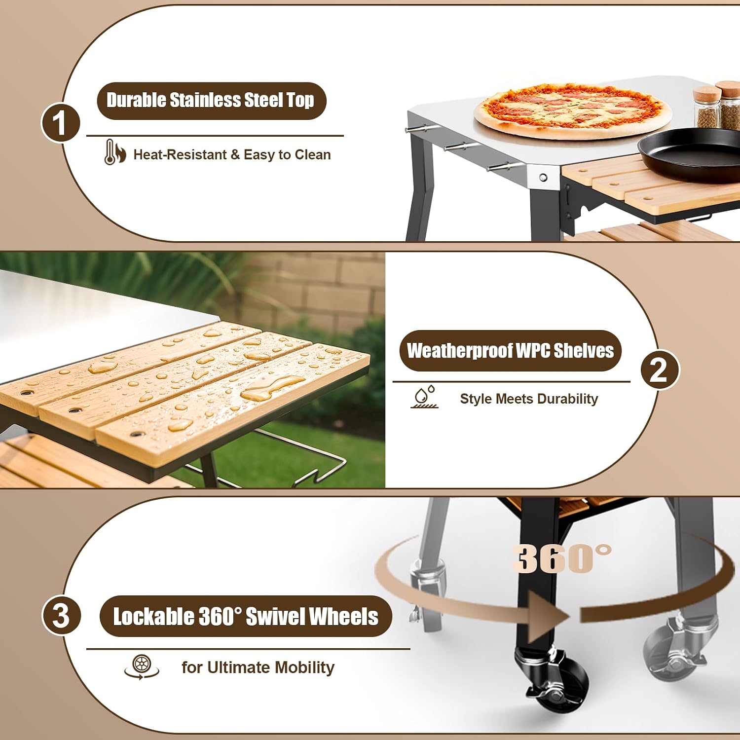 Pizza Oven Stand & Shelf for Solo Stove Pi Pizza Oven, Outrdoor XSKUNStand for Ninja Woodfire, Kitchen Table for Cooking with Stainless Steel Top, WPC Storage Shelves, Lockable 360° Swivel Wheels