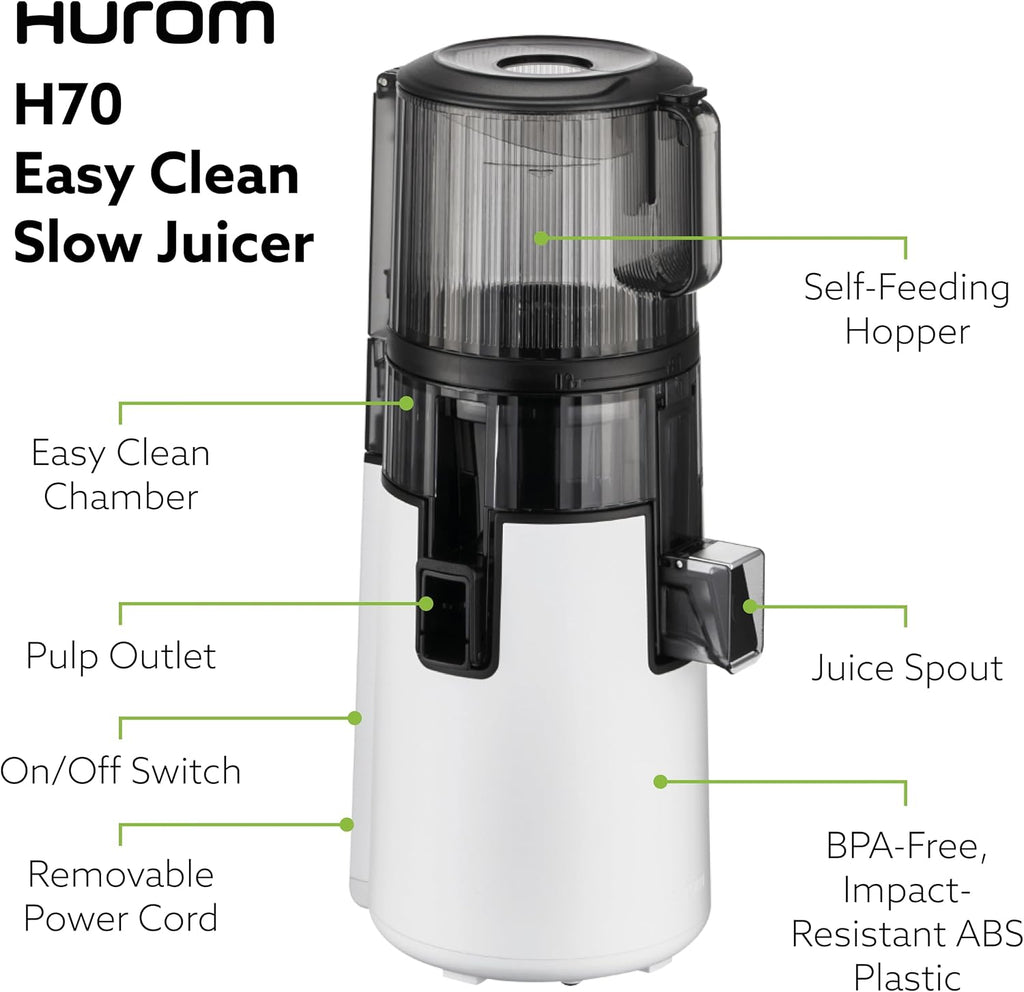 Hurom H70 Cold Press Juicer Machine, Easy to Clean Masticating Slow Juicer, Ideal Balance of Size and Function, Compact, Strainer Free, Self Feeding, Hands Free, with Wide Mouth Hopper (Black)