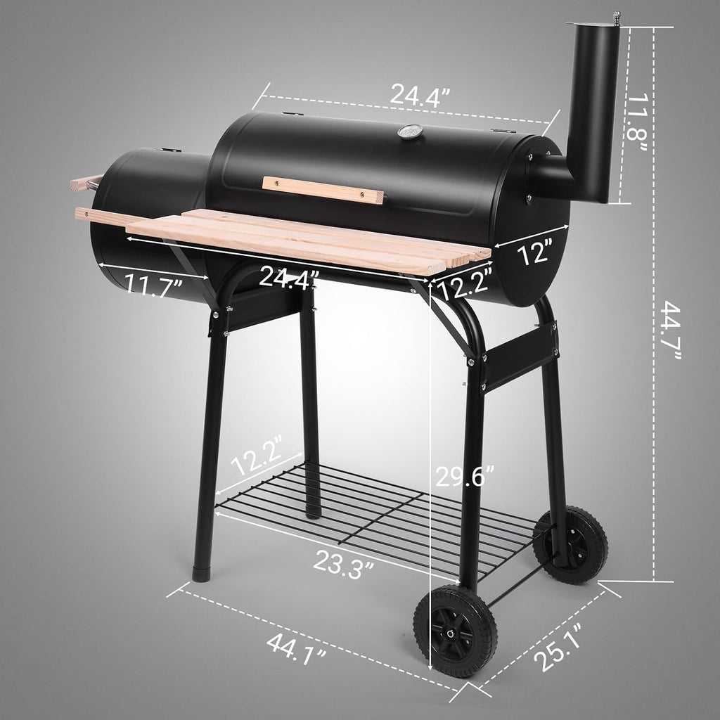 Outvita Charcoal Grill and Offset Smoker, Outdoor Patio Barbecue Cooker with Wheels, Portable Backyard BBQ Oven with Side Fire Box for Camping, Picnic, Party