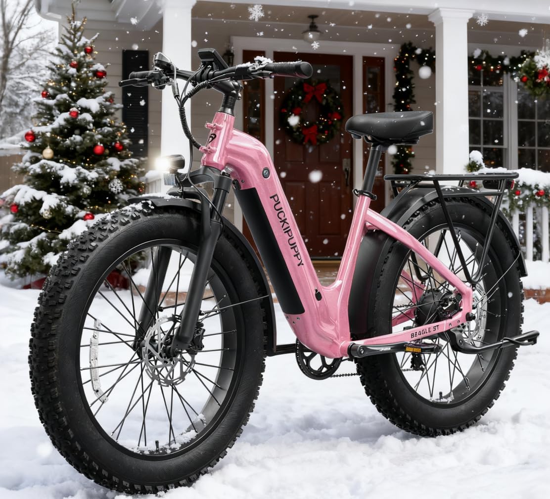 PUCKIPUPPY Electric Bike for Adults 960W, 26' Fat Tire, Step-Through Design Electric Mountain Hunting Bike, 48V 15AH Max 28MPH Off-Road Ebike with Rear Storage Shelf