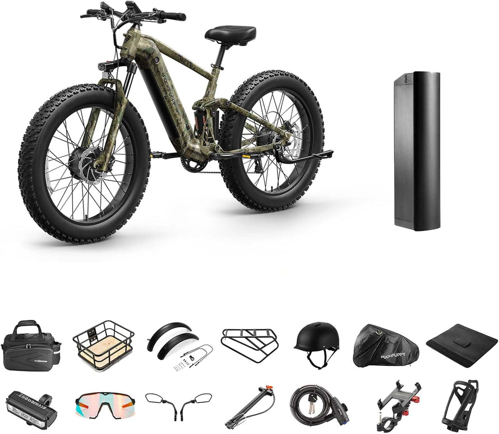 PUCKIPUPPY Dual Motor Electric Bike for Adults 1600W, 48V 20AH Battery with Torque Sensor, Full Suspension, 26' Fat Tire, 28MPH, 80 Mile Range, 8 Speed Mountain Electric Bicycle Golden Retriever Pro
