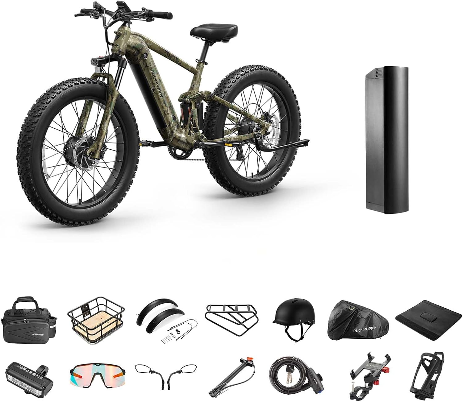 PUCKIPUPPY Dual Motor Electric Bike for Adults 1600W, 48V 20AH Battery with Torque Sensor, Full Suspension, 26' Fat Tire, 28MPH, 80 Mile Range, 8 Speed Mountain Electric Bicycle Golden Retriever Pro