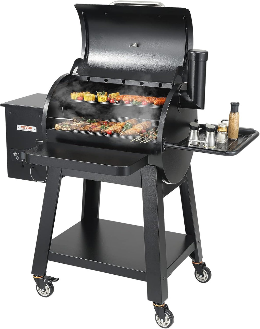 VEVOR Smoker Grill, Portable Wood Pellet Grill with Cart, 8 IN 1 BBQ Grill with PID Temperature Control for Outdoor Cooking, Barbecue Camping, Picnic, 730 sq, Patio and Backyard, Black