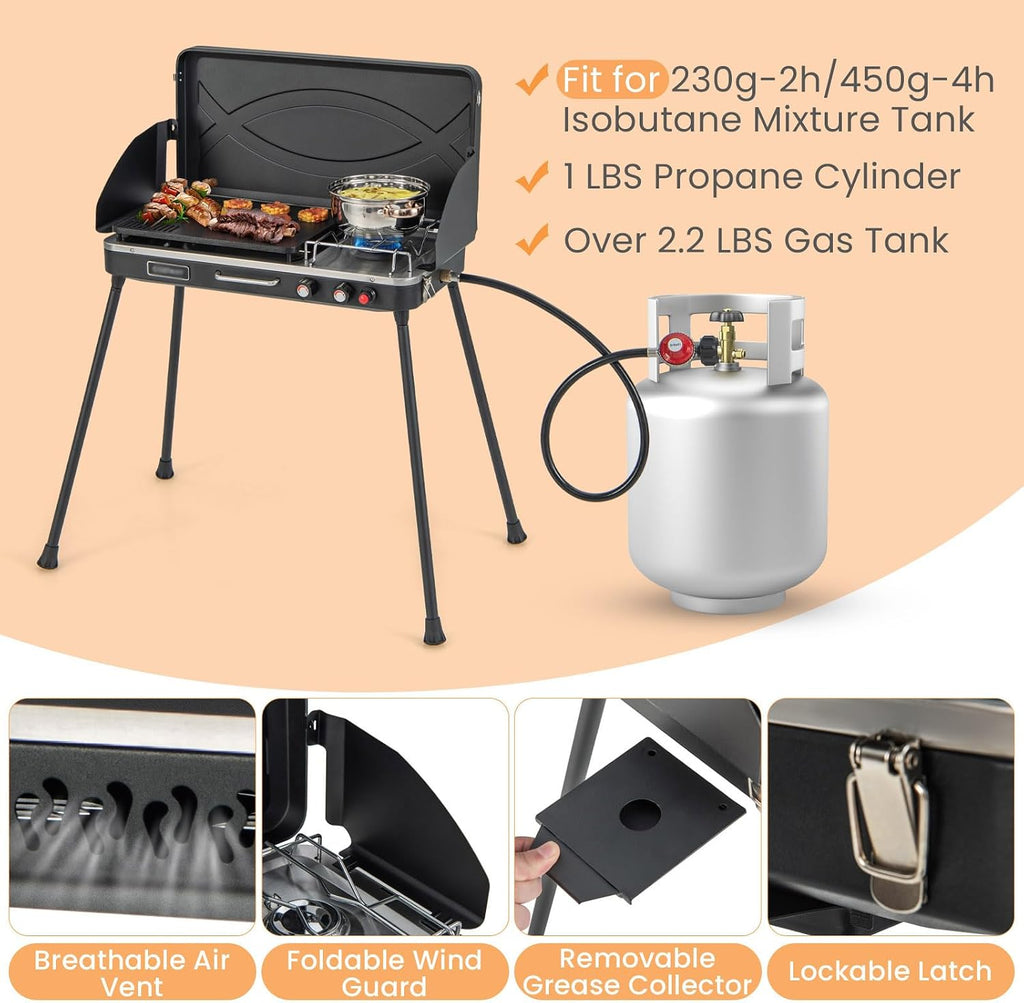 HAPPYGRILL Portable Camping Stove, 2-Burner Propane Grill Cooker with Removable Leg Stand, Roast Grill, Dual Control Knobs, Wind Guards, Outdoor Gas Grill for Camping BBQ Picnic (Black)