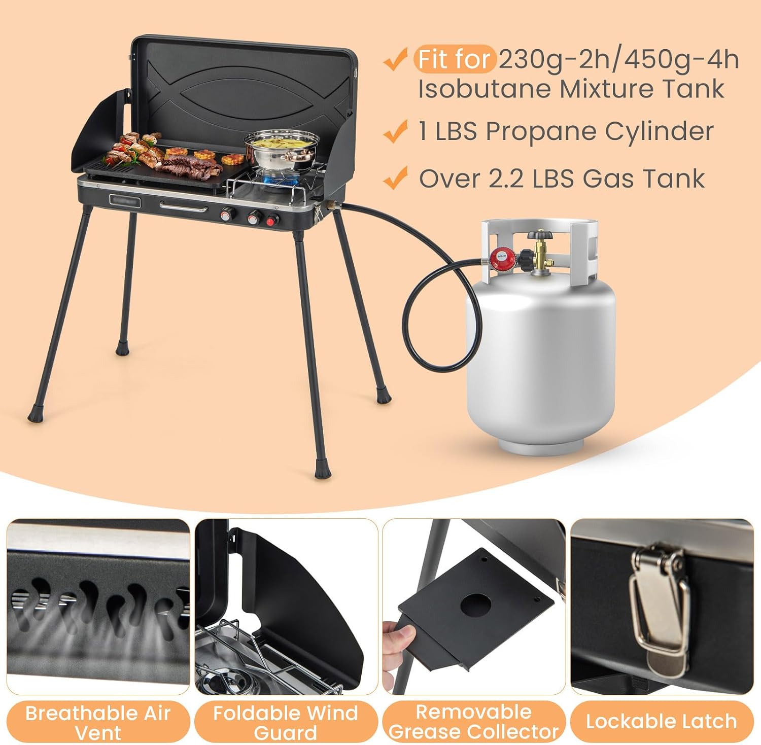 HAPPYGRILL Portable Camping Stove, 2-Burner Propane Grill Cooker with Removable Leg Stand, Roast Grill, Dual Control Knobs, Wind Guards, Outdoor Gas Grill for Camping BBQ Picnic (Black)