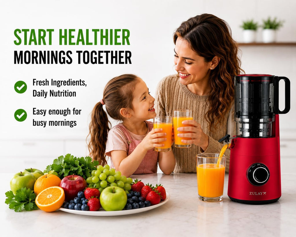Zulay Kitchen Juicer Machine with 5' Wide Feed Chute, Cold Press Slow Masticating Juicer for Whole Fruits & Vegetables, Easy to Clean Stainless Steel Blades, High Juice Yield - Red