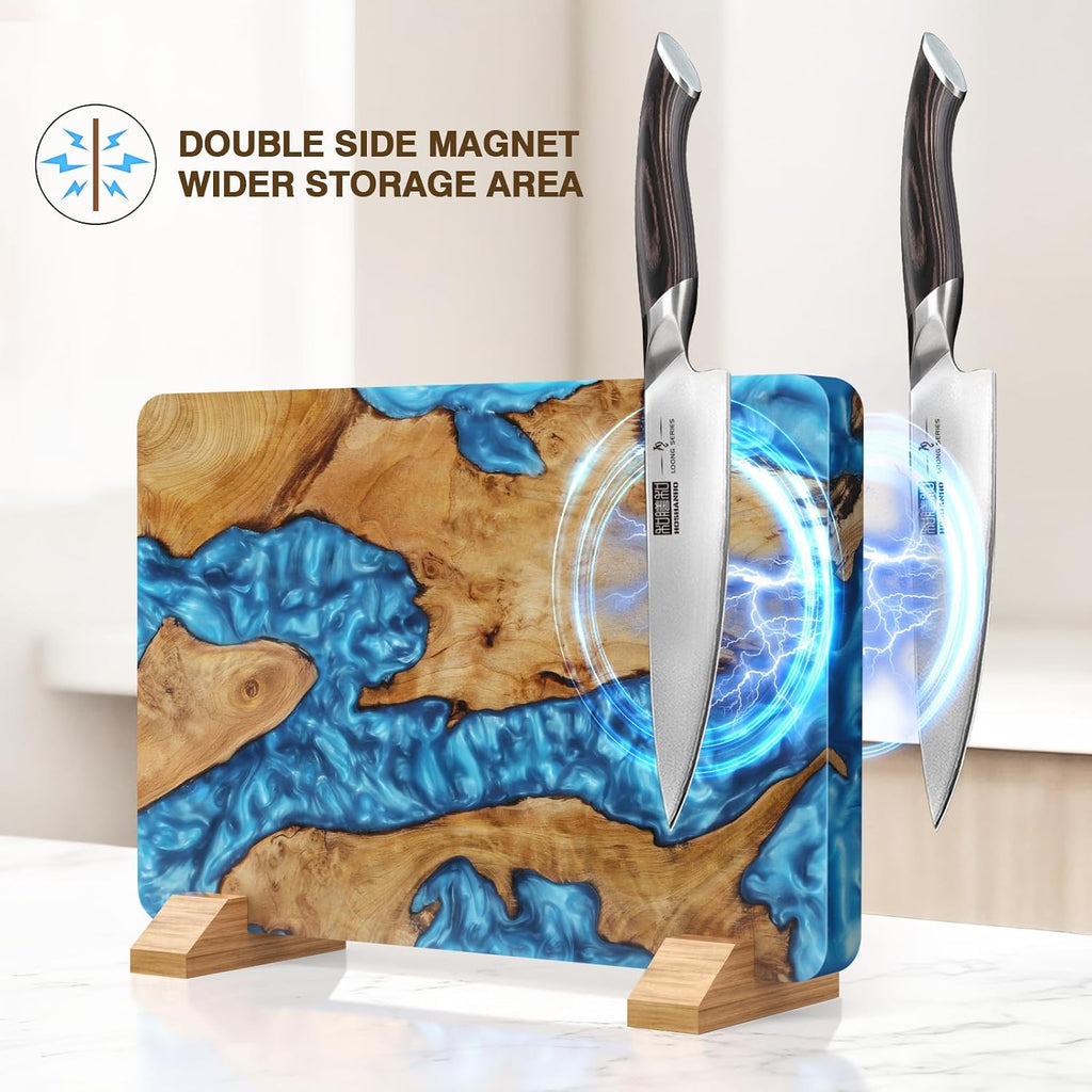 HOSHANHO Resin Magnetic Knife Block, Double Sided Magnetic Knife Holder and Kitchen Knife Organizer Storage, Thickened Acacia Wood Universal Knife Block for Chefs