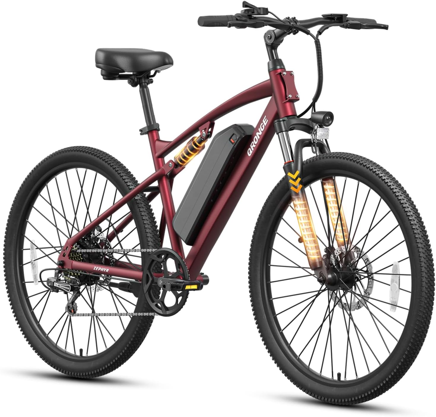 QRONGE Electric Bike for Adults, Full Suspension Ebike, 1000W Peak Motor 486Wh Battery, 28MPH(PAS Mode) Mountain Electric Bicycles, 26'' Tire, 7 Speed, Up to 70 Miles, Zephyr