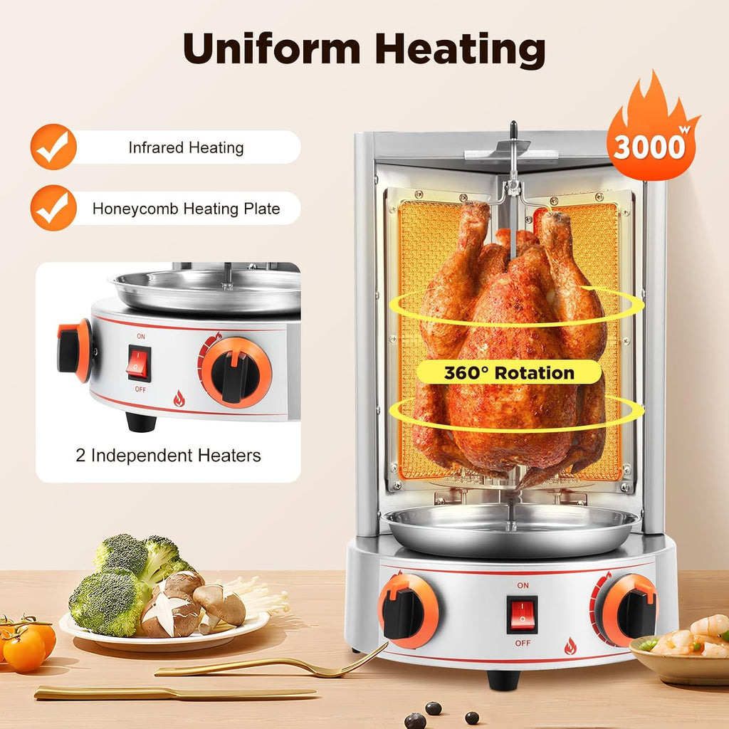 Professional Commercial Doner Kebab Machine,Automatic Rotation Vertical Broiler,Stainless Steel LPG Roasters Barbecue,Meat Catcher for Restaurant Dinner Home Kitchen Garden,3000W (LPG)