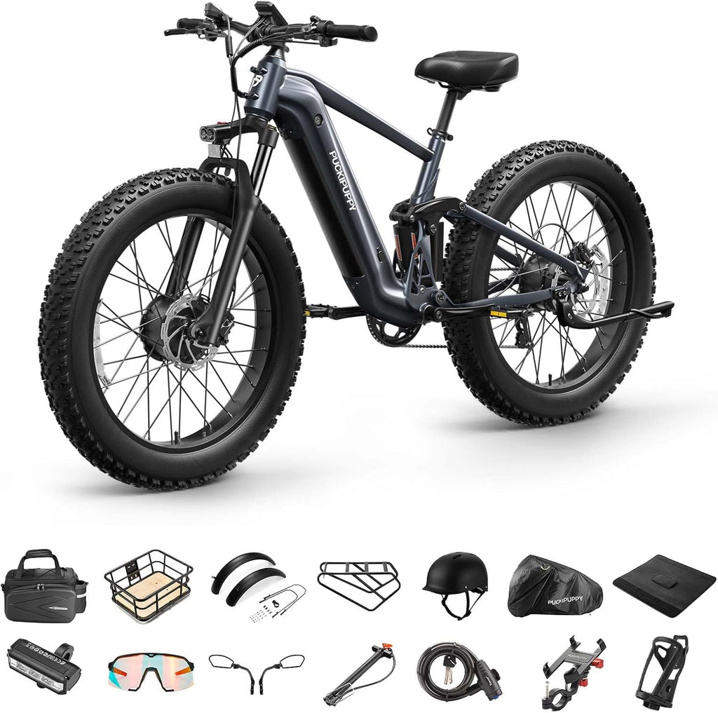 PUCKIPUPPY Dual Motor Electric Bike for Adults 1600W, 48V 20AH Battery with Torque Sensor, Full Suspension, 26' Fat Tire, 28MPH, 80 Mile Range, 8 Speed Mountain Electric Bicycle Golden Retriever Pro