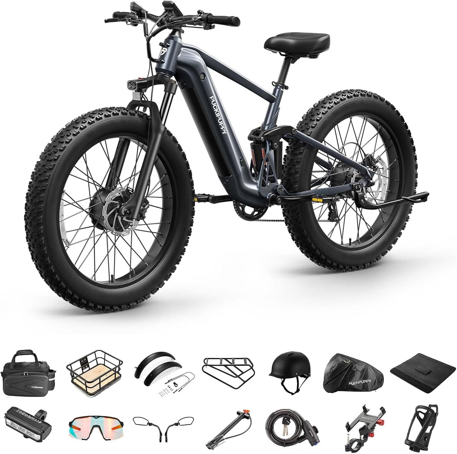 PUCKIPUPPY Dual Motor Electric Bike for Adults 1600W, 48V 20AH Battery with Torque Sensor, Full Suspension, 26' Fat Tire, 28MPH, 80 Mile Range, 8 Speed Mountain Electric Bicycle Golden Retriever Pro