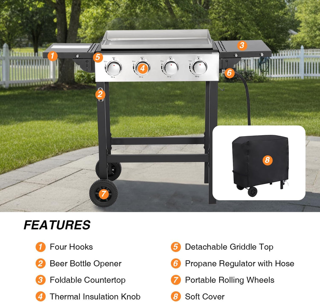 Propane Gas Griddle 4-Burner, Flat Top Grill Griddle, Outdoor Gas Stove with Foldable Side Tables, Wheels - 40,000 BTUs Output, 291 sq.in Cooking Area, for Patio Barbecue, Backyard, BBQ