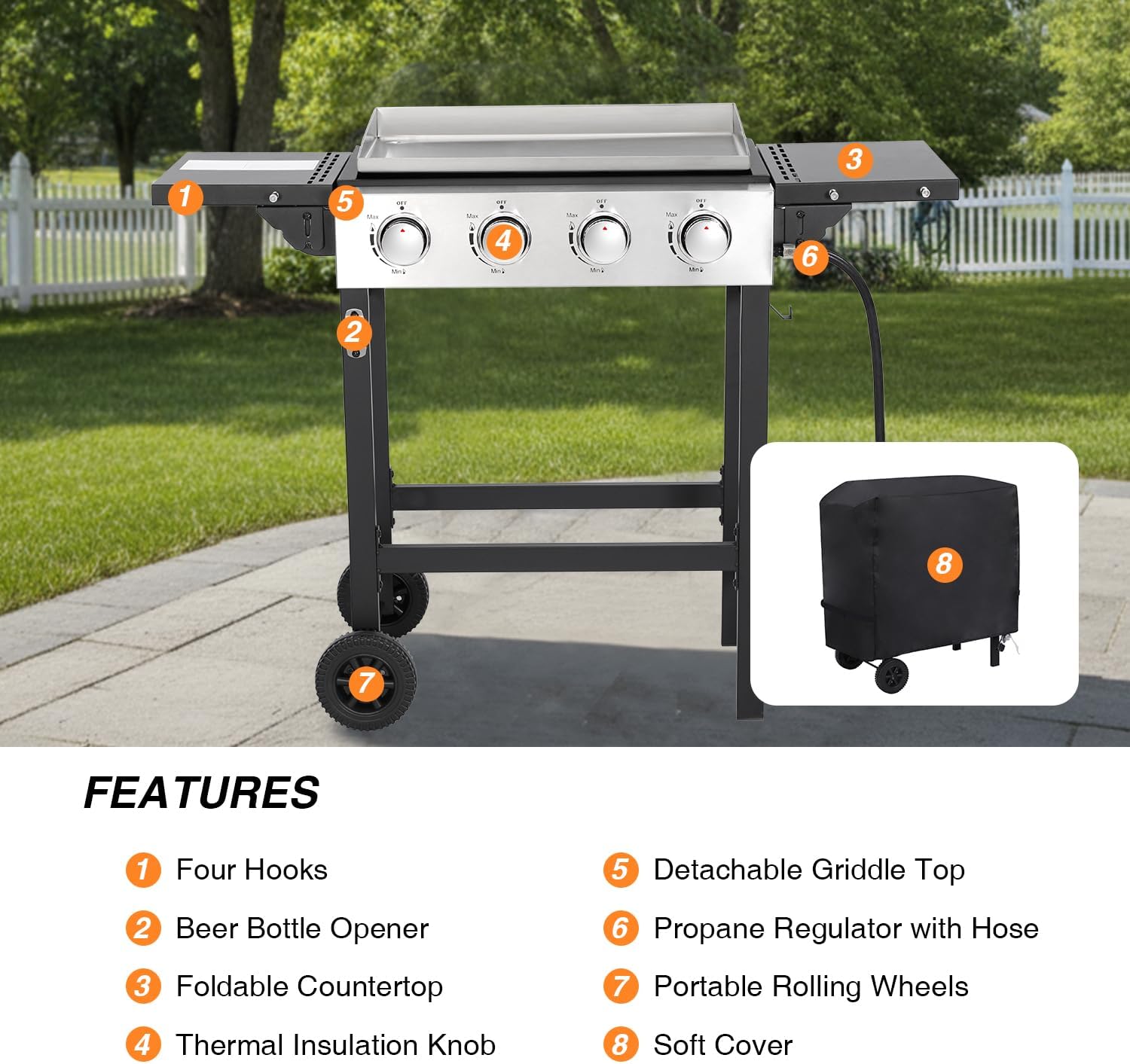 Propane Gas Griddle 4-Burner, Flat Top Grill Griddle, Outdoor Gas Stove with Foldable Side Tables, Wheels - 40,000 BTUs Output, 291 sq.in Cooking Area, for Patio Barbecue, Backyard, BBQ