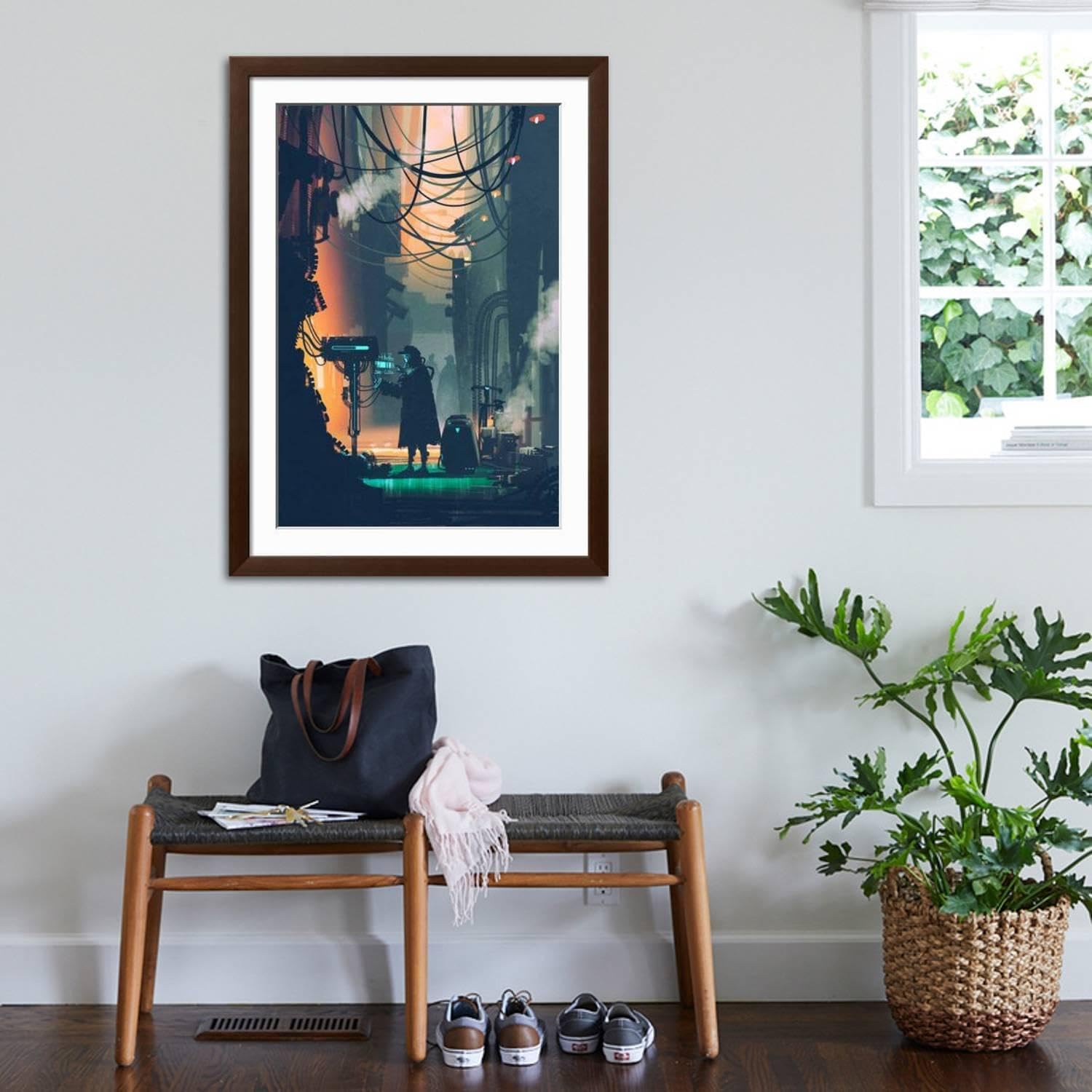 ART.COM Wall Art Print Sci-Fi Scene of Robot Using Futuristic Computer in City Street,Illustration Painting on Brown Frame by Tithi Luadthong, 32' x 44'