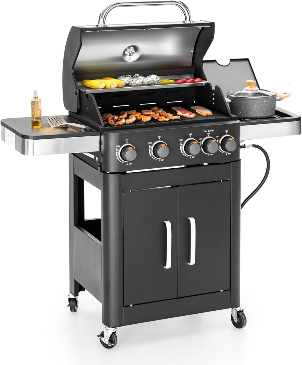 MFSTUDIO 4-Burner Propane Gas BBQ Grill with Side Burner & Porcelain-Enameled Cast Iron Grates, Grill Griddle Combo, 46,700 BTU for Outdoor Backyard Cooking, Black