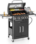 MFSTUDIO 4-Burner Propane Gas BBQ Grill with Side Burner & Porcelain-Enameled Cast Iron Grates, Grill Griddle Combo, 46,700 BTU for Outdoor Backyard Cooking, Black