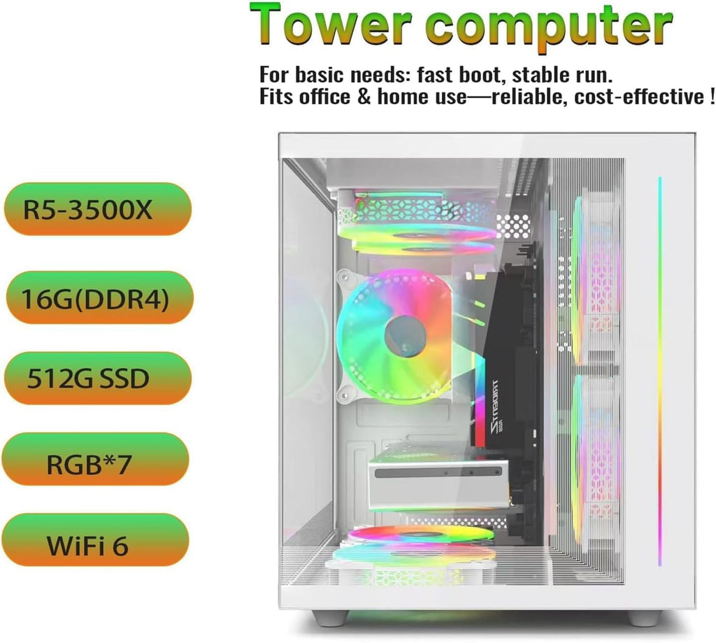 suevery Prebuilt Gaming PC |16G RAM | AMD Ryzen5 6Cores 3.6G Up to 4.1G | 512G SSD | RX560 4G | Wi-Fi 6 White Desktop Computer Gamer Home