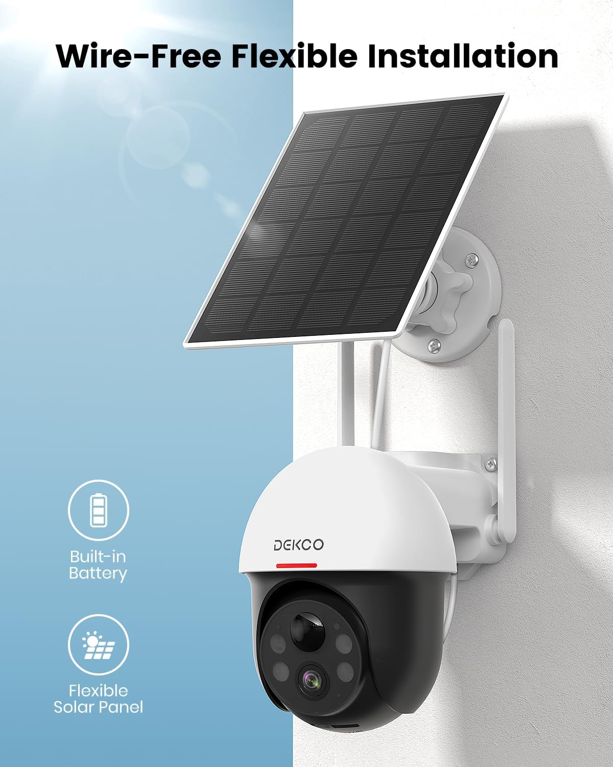 DEKCO Security Cameras Wireless Outdoor, Solar Powered, Panoramic PTZ, Auto Motion Tracking, True 2K, Color Night Vision, Spotlights, 2-Way Talk, 2 Pack