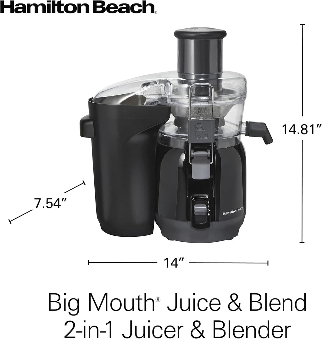 Hamilton Beach Juice & Blend 2-in-1 Juicer Machine and 20 oz. Blender, Big Mouth Large 3' Feed Chute for Whole Fruits and Vegetables, Easy to Clean, Centrifugal Extractor, 800W Motor, Black (67970)