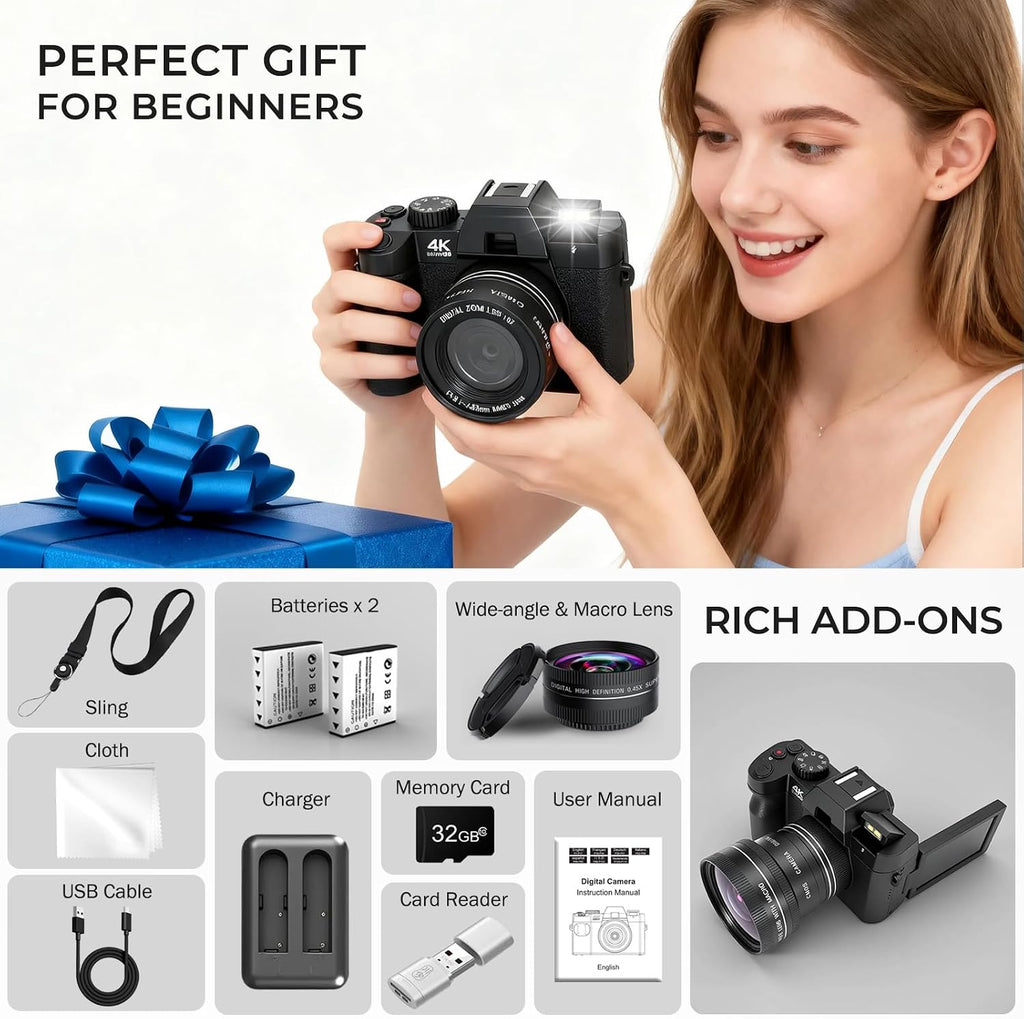 4K Digital Camera for Photography with WiFi Auto-Focus Vlogging Camera for YouTube with Flip Screen, Come with 2 Batteries, Wide & Macro Lens, MicroSD Card, Card Reader