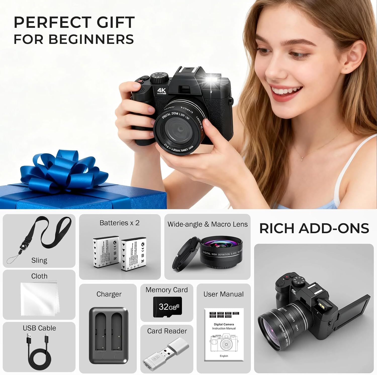 4K Digital Camera for Photography with WiFi Auto-Focus Vlogging Camera for YouTube with Flip Screen, Come with 2 Batteries, Wide & Macro Lens, MicroSD Card, Card Reader