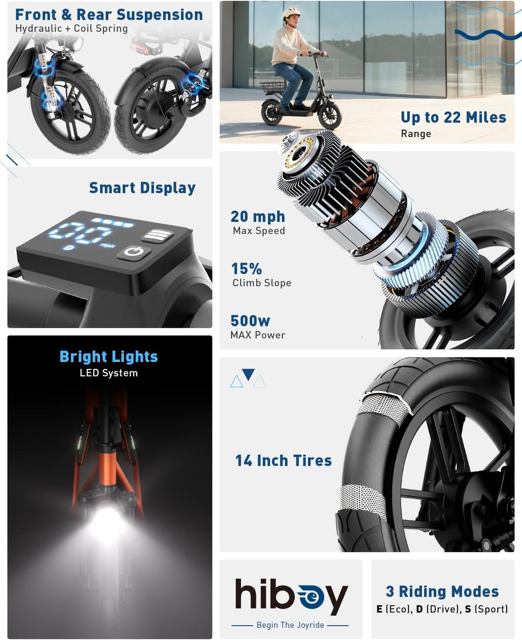 Hiboy Q2/U2 Adult Electric Scooter with Seat & Phone Holder – 500W Motor, 22mi Range, 14' Wheels, Dual Suspension, Neon Lights, Foldable for Commute, Flame