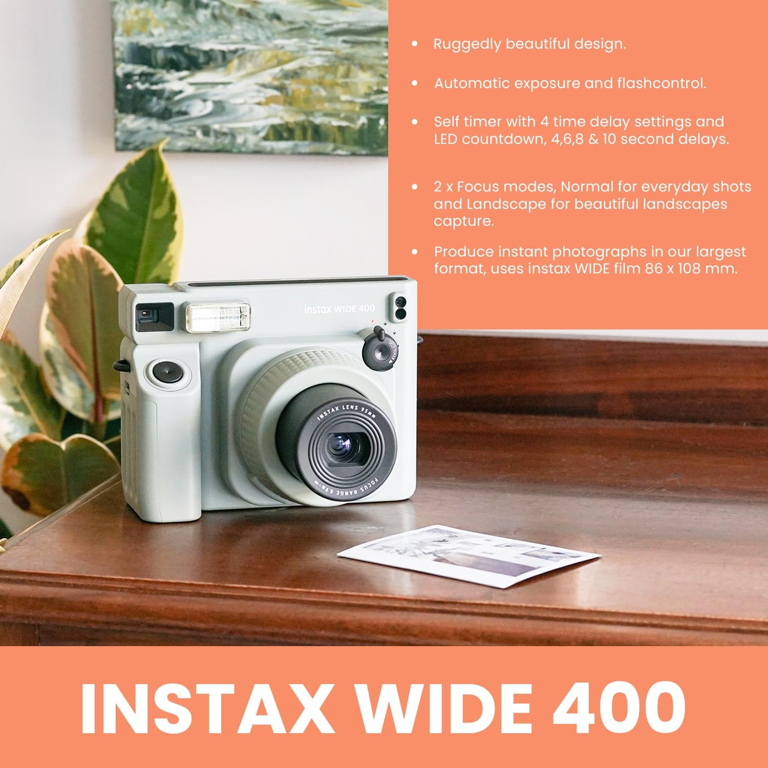 FujiFilm Instax Wide 400 Instant Camera Bundle - Includes Twin Pack Wide Frame Film, BluebirdSales Protective Carrying Case, Cleaning Cloth, and 4 AA Batteries - Portable - Perfect for Travel & Events