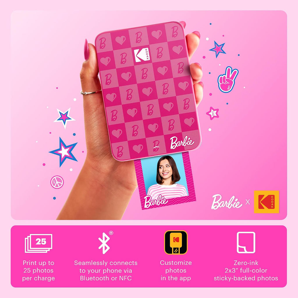 Kodak x Barbie Step Slim Wireless Instant Portable Photo Mobile Printer Gift Bundle (Iconic Style)+ Barbie Camera Case, Photo Album, Sticker & Hanging Frames, 50 Stickers + Zink Paper (20 Sheets)
