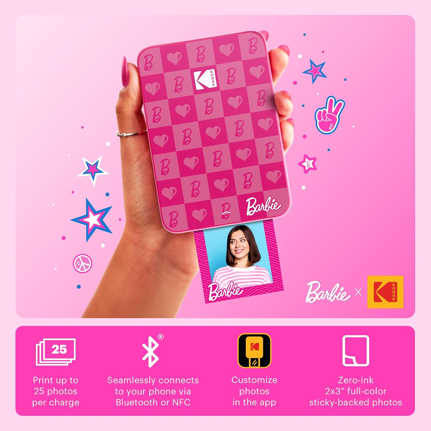Kodak x Barbie Step Slim Wireless Instant Portable Photo Mobile Printer Gift Bundle (Iconic Style)+ Barbie Camera Case, Photo Album, Sticker & Hanging Frames, 50 Stickers + Zink Paper (20 Sheets)