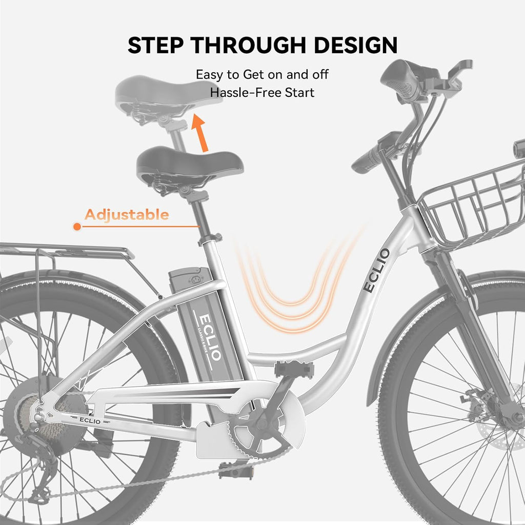 Electric Bike for Adults, Peak 700W Motor 20MPH, 374.4Ah Removable Battery 50Miles Ebike, 24'' Step Thru City Cruiser E Bike,7-Speed,Full Suspension,Front Basket, Full Suspension,UL 2849 Standard