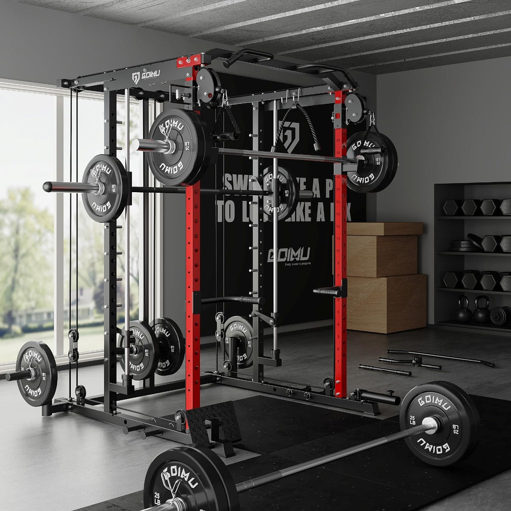 S1-V4 Smith Machine, 2000LBS Power Cage with Cable Crossover System, All-in-One Squat Rack with Smith Bar, Strength Training Equipment for Hone Gym
