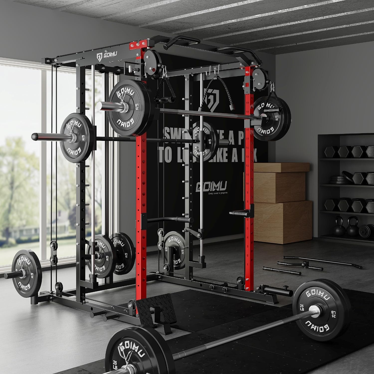 S1-V4 Smith Machine, 2000LBS Power Cage with Cable Crossover System, All-in-One Squat Rack with Smith Bar, Strength Training Equipment for Hone Gym