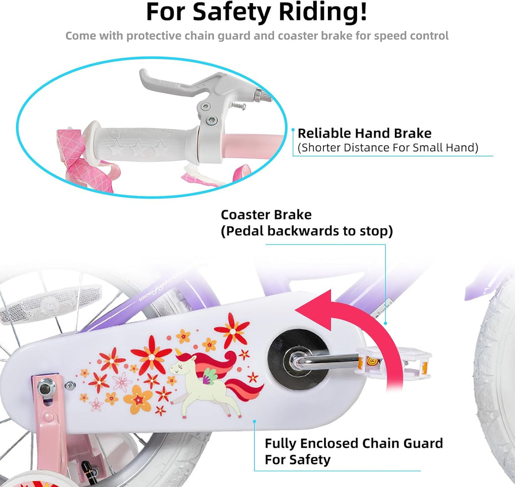 JOYSTAR Unicorn Kids Bike for Girls Ages 2-9 Years Old, 12 14 16 18 Inch Kids Bike with Training Wheels, Doll Seat, Streamers and Basket, Toddler Girl Bicycle, Multiple Colors