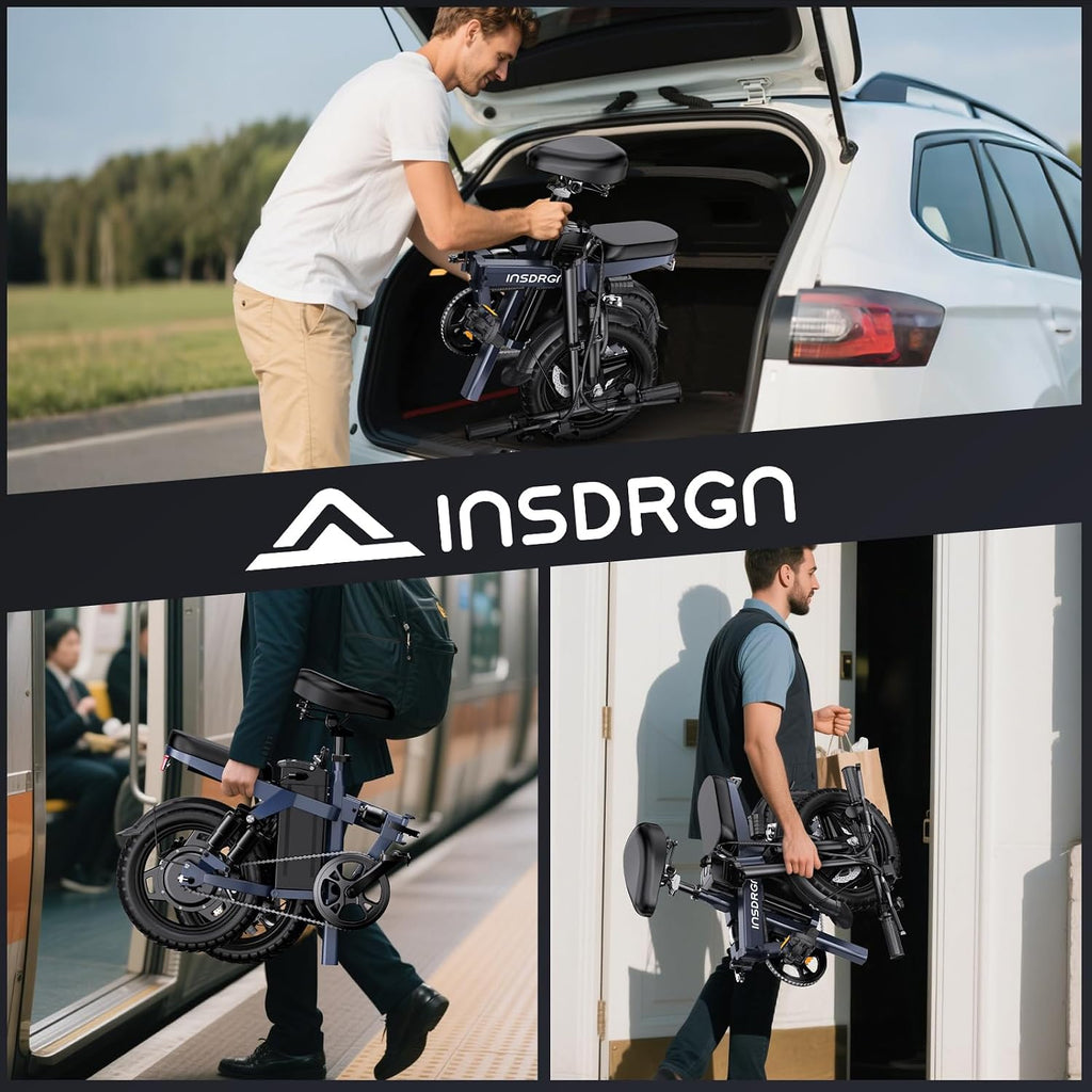 INSDRGN Folding Electric Bike for Adults Teens, Peak 1500W, 62 Miles PAS Range, 48V 16AH Removable Li Battery Ebike, 9 Shocks Full Suspension, 20 MPH Electric Bicycle, UL2849 Certified