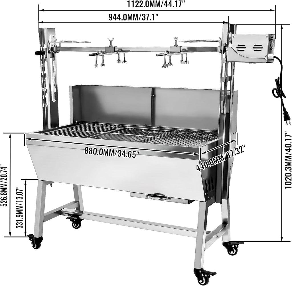 132Lbs Stainless Steel Rotisserie Grill with Back Cover Guard, 25W Motor Small Pig Lamb Rotisserie Roaster, 37 Inch BBQ Charcoal Rotisserie Grill for Camping Outdoor Kitchen