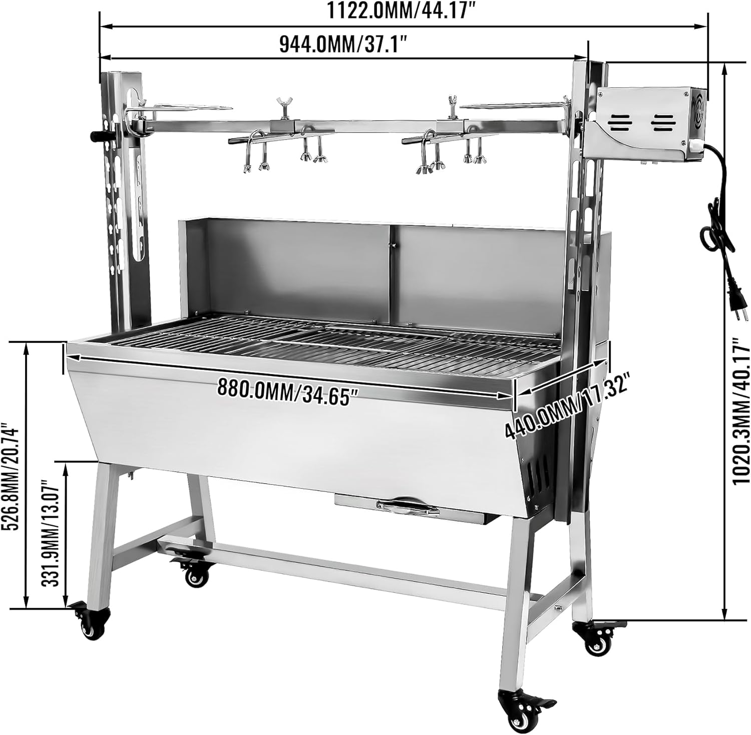 Stainless Steel Rotisserie Grill, 25W Motor Small Pig Lamb Rotisserie Roaster, 37'' 2 In 1 BBQ Charcoal Rotisserie Grill for Camping Outdoor