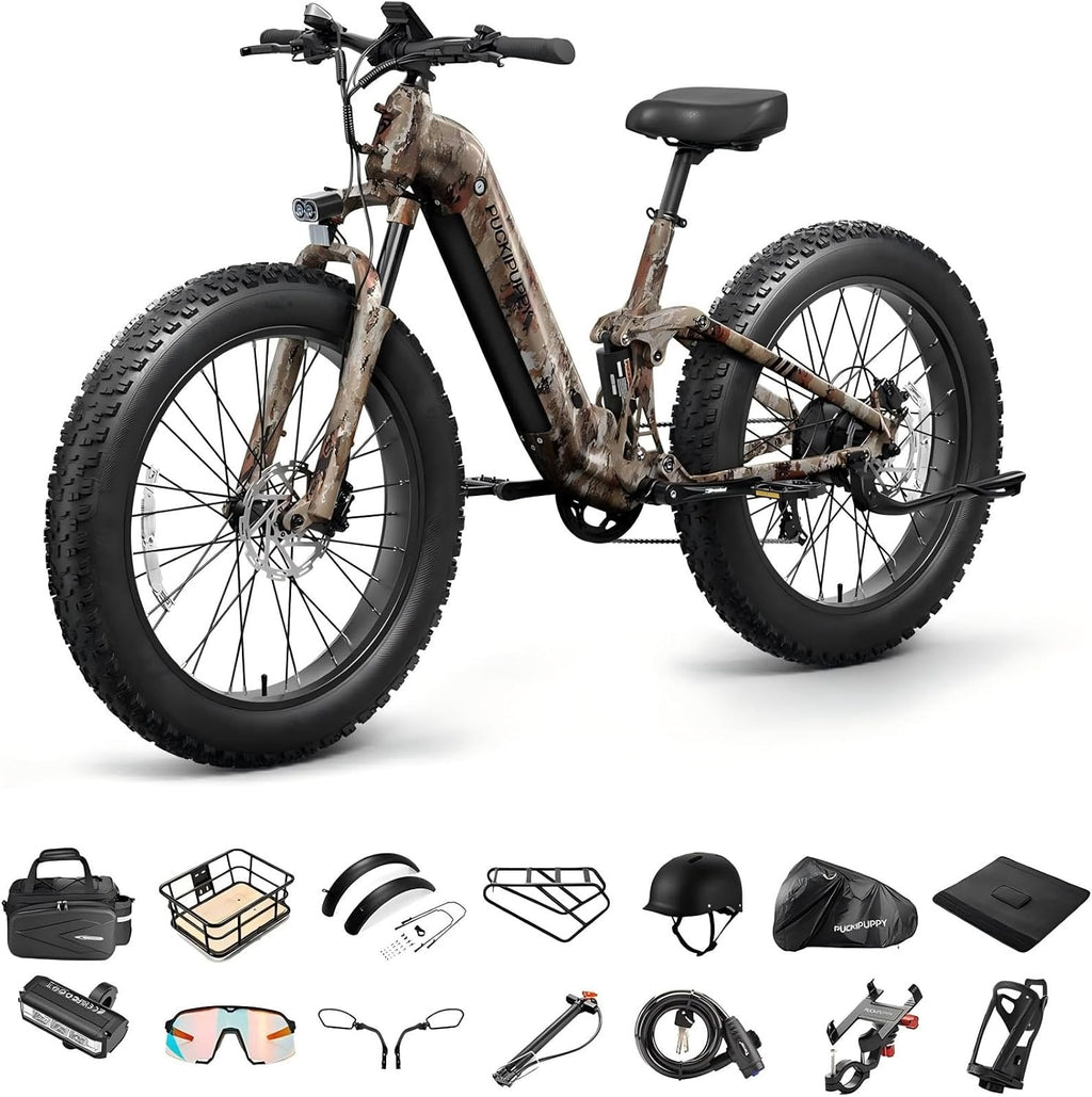 PUCKIPUPPY Electric Bike for Adults 960W+A Luxury Accessory Pack, 48V 20AH Battery Adult Electric Bicycles, 26' Fat Tire Full Suspension Step-Thru Ebike, 28MPH Mountain Ebike, 7 Speed, 80Miles Range