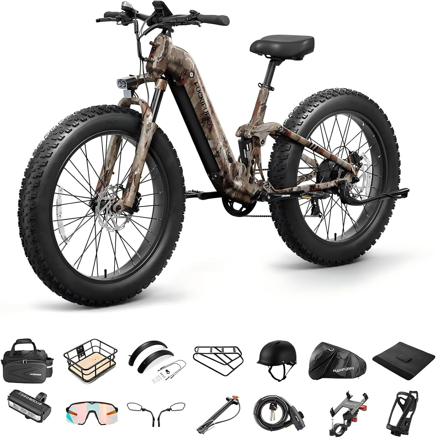 PUCKIPUPPY Electric Bike for Adults 960W+A Luxury Accessory Pack, 48V 20AH Battery Adult Electric Bicycles, 26' Fat Tire Full Suspension Step-Thru Ebike, 28MPH Mountain Ebike, 7 Speed, 80Miles Range