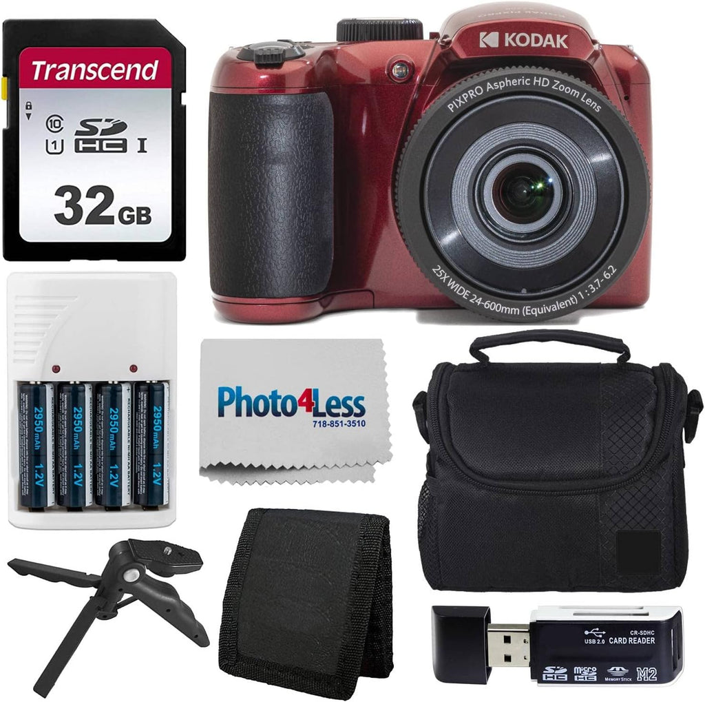Kodak PIXPRO AZ255 Digital Camera (Red) Bundle + 32GB Memory Card + Accessories