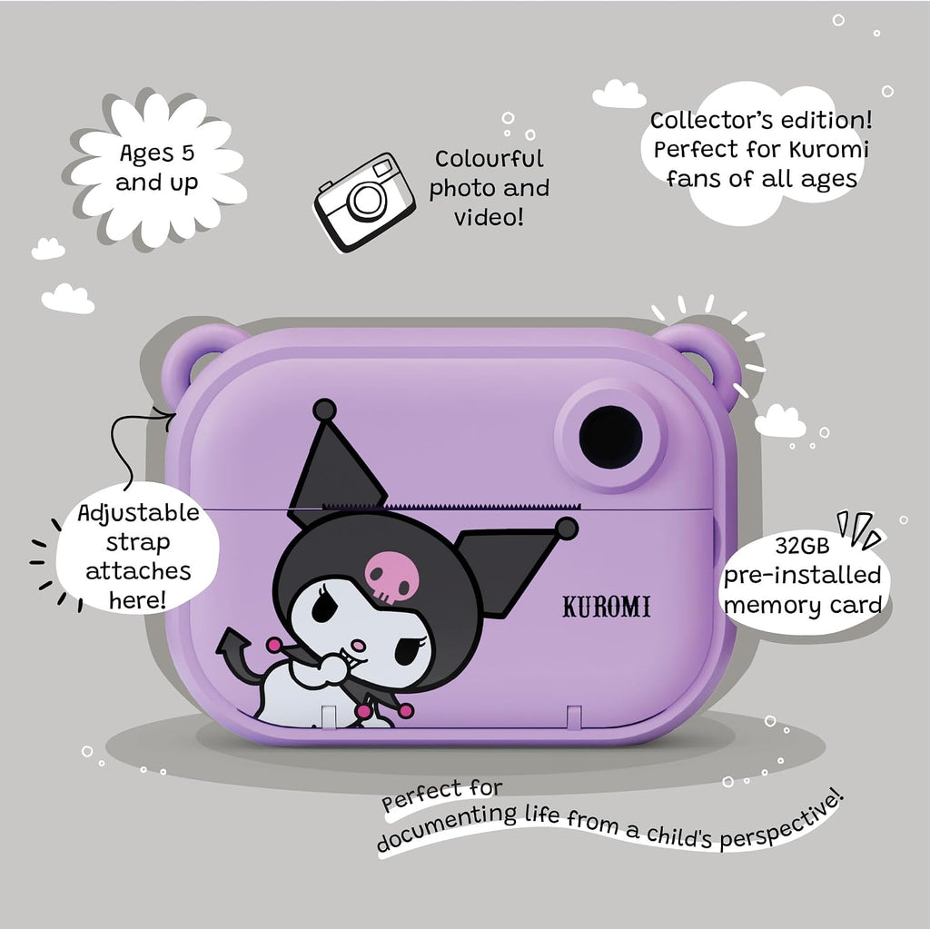 Kuromi Official Licensed Instant Print Digital Camera, 2.4' HD Screen, Ink-Free B&W Printing, Selfie Lens, 1080p Video, 32GB Memory Card (Model P) by kiimento